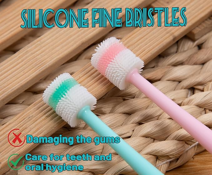 E.M&S.T by Emmeliestella Small Dog & Cat Toothbrush 360 Degree Soft Silicone, Cat Dental Care, Toothbrush Holder, Easy to Handle, Independent Packaging, Extra Suction Cup, Light Blue&Light Pink 3PCS-PurrikoPets