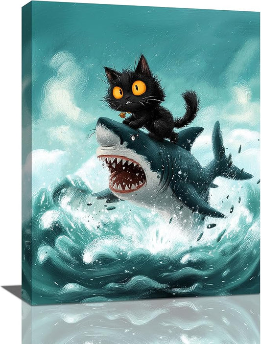 Funny Black Cat Bathroom Wall Art Cute Cat Riding Shark Canvas Wall Decor Animal Kitten Pictures Painting Print Artwork Framed Decorations Gifts for Cat Lover Kids Room Bedroom 12"x16"-PurrikoPets