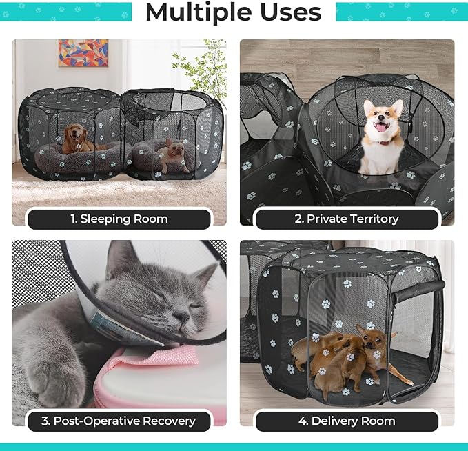 2-in-1 Cat Playpen, Pop Up Dog Pet Playpen for Indoor Outdoor Cats Enclosure, Portable Pet Playpen, Kitten Puppy Foldable Play Pen Cat Dog Tent Crate Cage Kennel(No Divider, Unified Space)-PurrikoPets