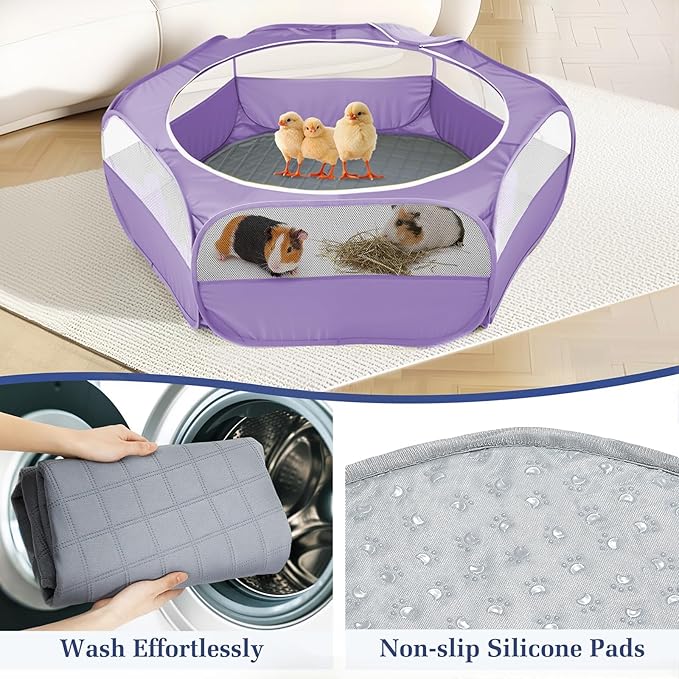 2-in-1 Small Animals Playpen with Pad, Waterproof Small Pet Cage Tent with Reusable Pad, Portable Outdoor Yard Fence with 3 Metal Rod for Chick/Kitten/Puppy/Guinea Pig/Rabbits/Chinchillas, Purple-PurrikoPets
