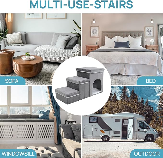 Foldable Pet Stairs for Beds & Sofas - Non-Slip Dog Steps with Storage for Small to Medium Dogs & Cats, Supports up to 120 lbs - Durable 2 & 3-Step Doggie Ladder for Easy Access-PurrikoPets