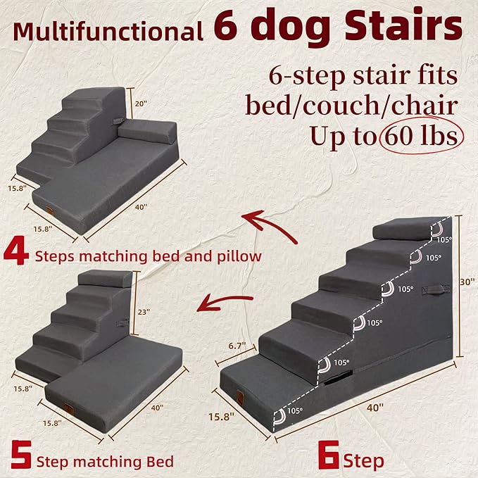 Dog Stair ramp for 30 inch high beds. 6-Step Dog Stair Ramp for 20 to 36 Inch Sofa Beds. Pet Steps for Small, Medium and Large Dogs. Non-Slip, Balanced and Portable. Multifunctional 6 Steps, Gray.-PurrikoPets