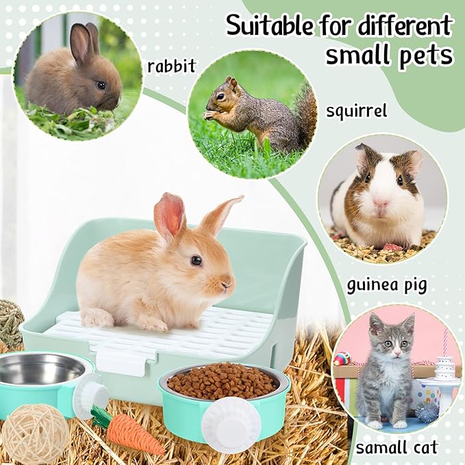 15 Pcs Rabbit Starter Kit Small Rabbit Litter Box Animal Grooming Kit Bunny Toys Bowl Blankets with Cleaning Set for Guinea Pig Accessories(Green)-PurrikoPets