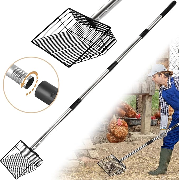 10inch Large Metal Chicken Poop Scooper, 24 to 68" Long Chicken Coop Litter Scoop with Stainless Steel Handle, 4 in 1 Multifunctional Heavy Duty Litter Sifting Shovel Chicken Coop Accessories-PurrikoPets