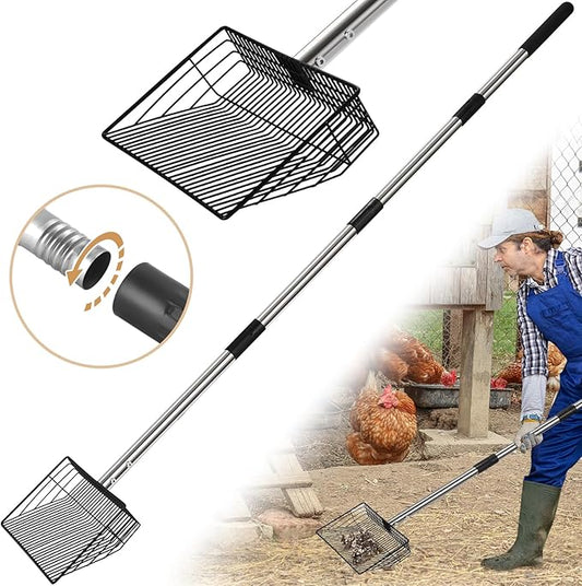 10inch Large Metal Chicken Poop Scooper, 24 to 68" Long Chicken Coop Litter Scoop with Stainless Steel Handle, 4 in 1 Multifunctional Heavy Duty Litter Sifting Shovel Chicken Coop Accessories-PurrikoPets