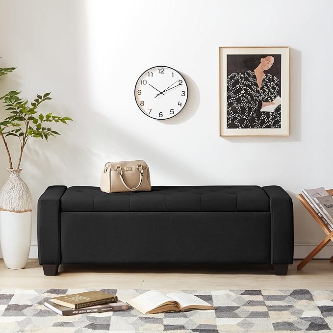 48" Ottoman with Storage, Black Storage Ottoman Bench with Safety Hinge, Upholstered Entryway Bench with Seating for Bedroom, Living Room, Holds up to 330 lb-PurrikoPets