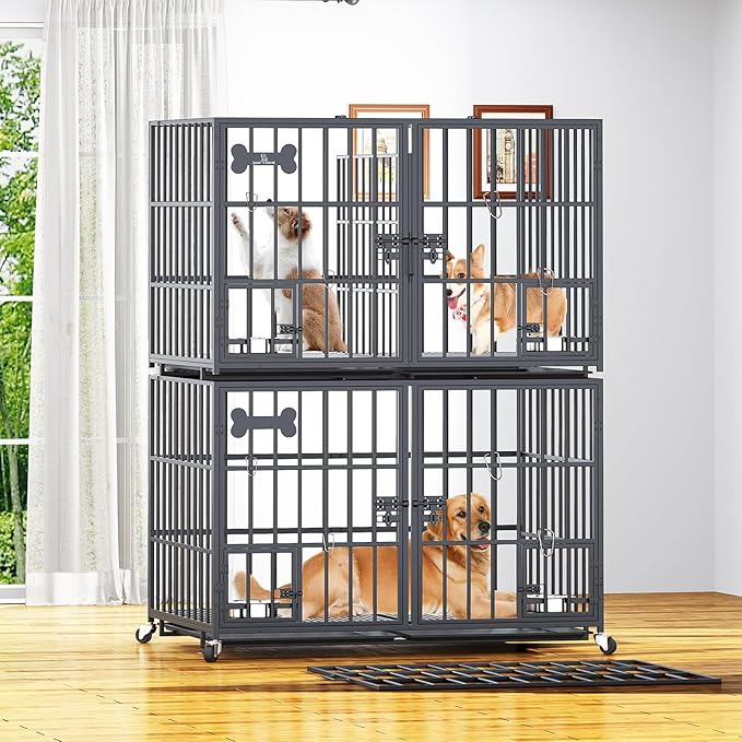 aboxoo 42 inch Stackable Heavy Duty Metal Dog Crate for 4 Dogs/Large Dog,All Metal Open Top Access,Escape Proof Cage,Dog Kennel Indoor with Wheels,Floor Grid, Tray, Divider and Feeding Bowl-PurrikoPets