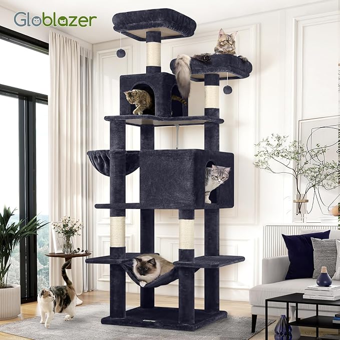 Globlazer Cat Tree Tower, 76-Inch Extra Tall Multi-Level Cat Furniture with Cozy Condos, Hammock and Perches for Adult Cats, Perfect for Climbing, Scratching, and Play, F76, Dark Grey-PurrikoPets