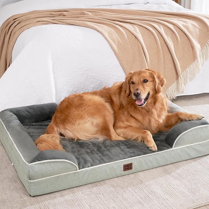 EHEYCIGA Orthopedic Dog Beds for Large Dogs, Waterproof Memory Foam Large Pet Bed with Sides, Non-Slip Bottom and Egg-Crate Foam Dog Couch Bed with Washable Removable Cover, Greyish Green-PurrikoPets