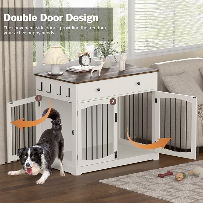 40 Inch Furniture-Style Dog Crate-Multipurpose Wood Pet Crate Furniture with Double Doors,2 Drawers, Decorative Dog House Indoor for Smal/Medium Dogs, White Finish-PurrikoPets