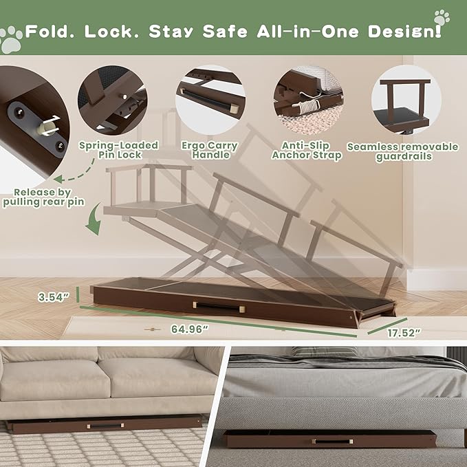 6 Level Height Adjustable Dog Ramp for Bed, Couch 65" Foldable Pet Ramp with Non-Slip Mat，DIY Glow Strips & Rest Platform Heavy Duty Dog Stairs for Large Dogs up to 200Lbs ，Brown-PurrikoPets