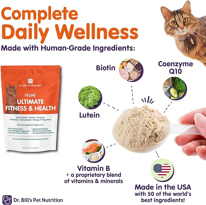 Dr. Bill’s Feline Ultimate Fitness & Health | Cat Multivitamin Powder - Daily Supplement | Weight Control, Joint, Brain, Heart & Immune Support | Omega 3s, Collagen, B Vitamins, Taurine, Amino Acids-PurrikoPets