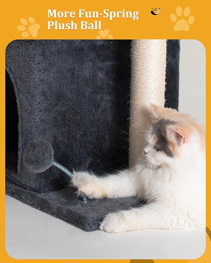 24in Cat Tree Tower with Scratching Post, 19 * 16.5in Window Perch for Large Cats, 2 Cat Condo Cubbies for Indoor Kittens, Dark Gray-PurrikoPets
