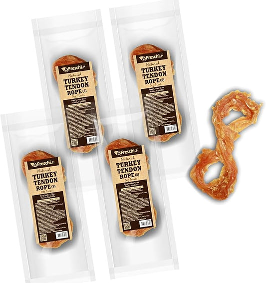 Afreschi Natural Turkey Tendon Rope (S) Pack of 4, Dog Treats for Signature Series, All Natural Human Grade Puppy Chew, USA-Sourced Turkey Tendon, Hypoallergenic, Rawhide Alternative-PurrikoPets