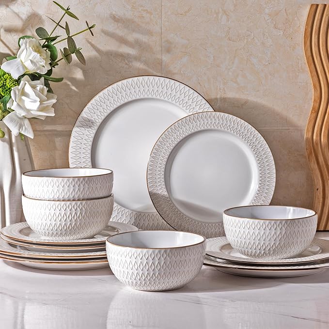 GBHOME Ceramic Dinnerware Sets,12 pcs Embossed Elegant Stoneware Plates and Bowls Sets, Housewarming Wedding Gift | Dishwasher & Microwave Safe | Dishes Set Service for 4-PurrikoPets