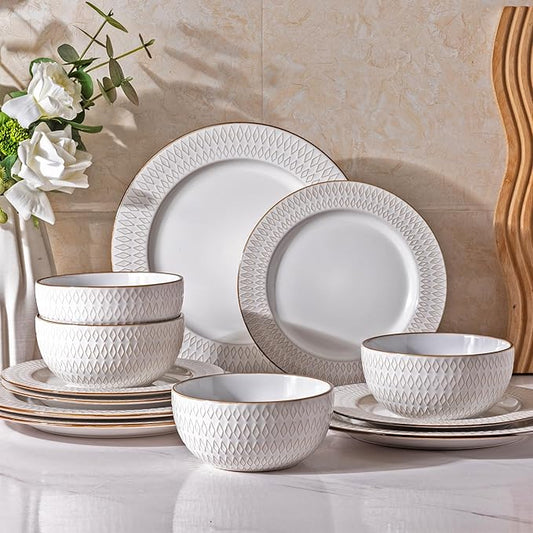 GBHOME Ceramic Dinnerware Sets,12 pcs Embossed Elegant Stoneware Plates and Bowls Sets, Housewarming Wedding Gift | Dishwasher & Microwave Safe | Dishes Set Service for 4-PurrikoPets