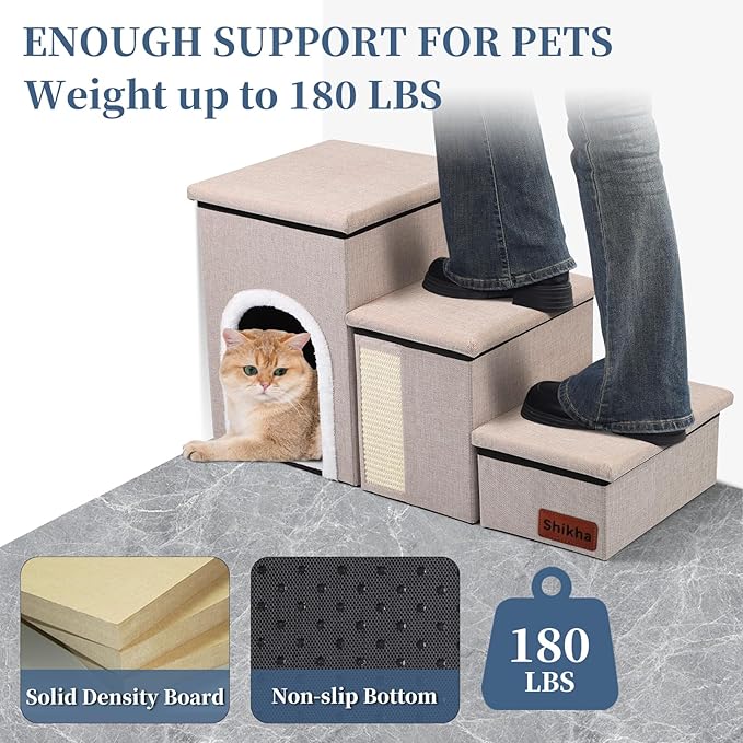 Dog Steps for Bed and Couch, 17”H Foldable Dog Stairs for Small Older Dogs Cats, Adjustable Pet Cat Stairs Ramps with Storage with Condo, Scratcher, Hold Up to 180LBS, Pet Cat Steps Beige-PurrikoPets