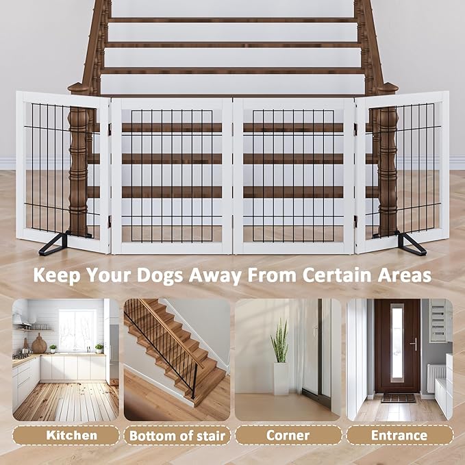 Dog Gate Indoor, Metal Dog Gates for Doorways House, 24-Inch Freestanding Pet Gates for Dogs, Puppy Fence (4 Panel, White)-PurrikoPets