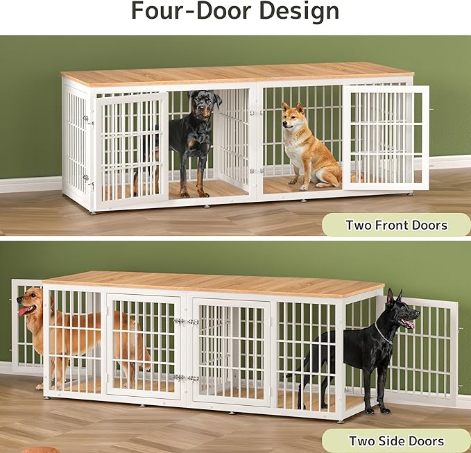 78 Inch Double Dog Crate Furniture, Heavy Duty Extra Large Cage Furniture with Divider for 2 Dogs, Decorative Wooden Kennel Furniture Indoor, Pet House for Large and Medium Dogs, White-PurrikoPets