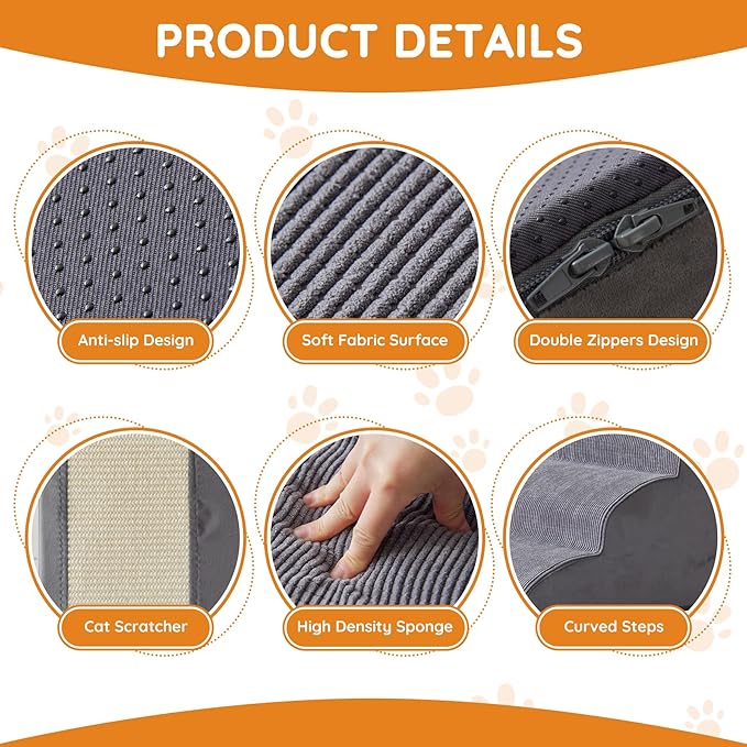 Dogs Steps for Bed, Dog Stairs for Small Dogs, 2-Step Dog Ramp for Bed, Couch, Sofa, and Chairs, Non-Slip Bottom Design, Cat Scratching, High Density Foam Portable Pet Step, Indoor, Grey-PurrikoPets