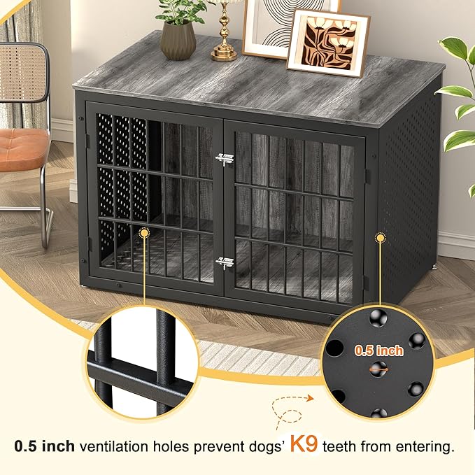 48" Heavy Duty Dog Crate Furniture for Extra Large Dogs, Metal Cage for High Anxiety Dogs, Wooden Kennel Furniture Indoor, Decorative Dog Kennel End Table, XL-PurrikoPets