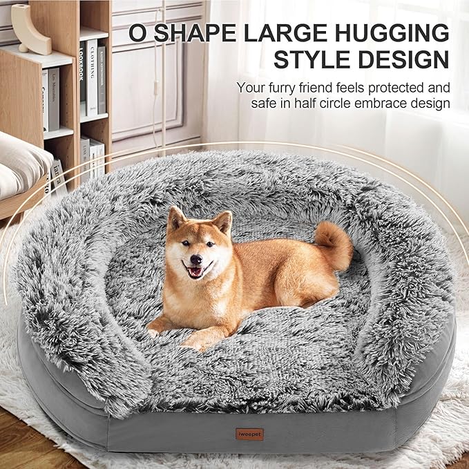 3.7 inch Thickened Orthopedic Dog Beds for Large Dogs, Supportive Dog Sofa Bed with 28D Egg-Crate Foam, Removable Washable Plush Cover, Waterproof Lining, Half-Round Design for Puppy, Senior Dog-PurrikoPets