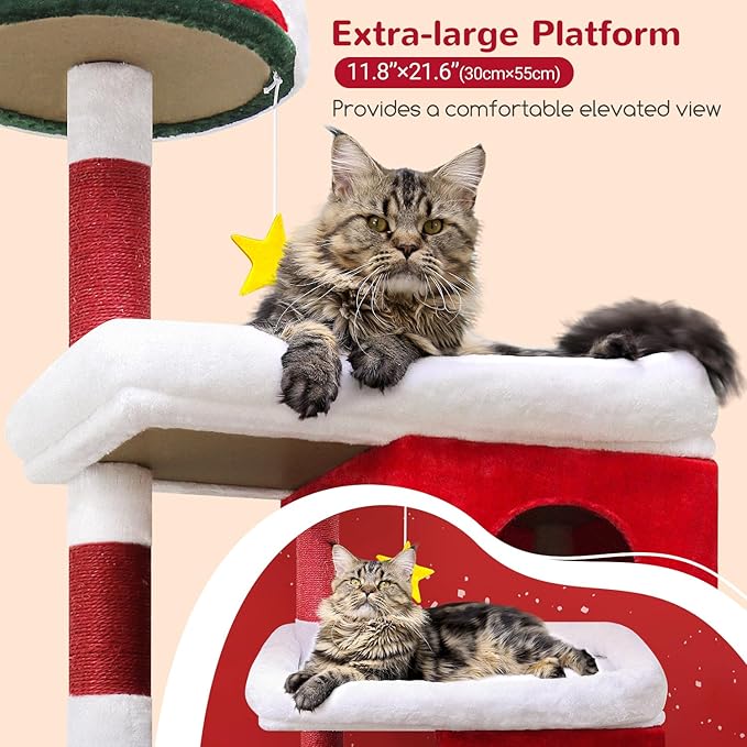 Globlazer Heavy Duty Cat Trees for Large Cats, Sturdy 72in Maine Coon Cat Tree for Large 20 lbs+ Heavy Duty Cat Tower for Adult Biggest Cats with 6 Scratching Posts, Hammock, S72, Red White Green-PurrikoPets