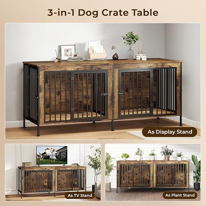 78 Inch Dog Cage Furniture for 2 Large/Medium Dogs with Removable Divider, Extra Large Double Doors Dog Kennel, XXL Thick Wooden Dog cage Furniture, Durable and Sturdy, Brown-PurrikoPets