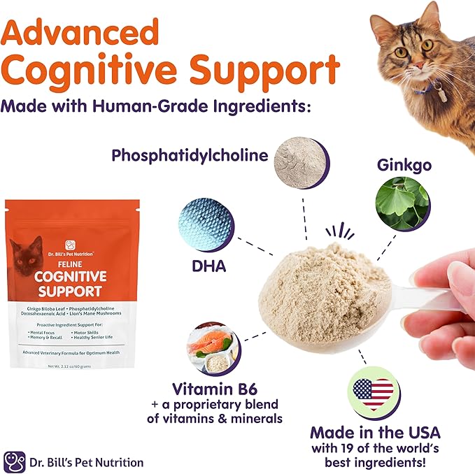 Dr. Bill's Feline Cognitive Support | Memory Support Supplement for Cats | Pet Supplement | Contains Gingko Biloba, L-Carnosine, Vitamin B-12, L-Glutamine, L-Tyrosine, and DHA-PurrikoPets
