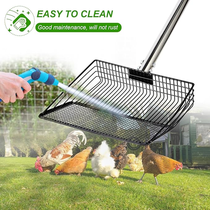 10inch Large Metal Chicken Poop Scooper, 36" to 75" Long Chicken Coop Litter Scoop with Stainless Steel Adjustable Handle, 4 in 1 Detachable Litter Sifting Shovel Scoop for Chicken Coop Accessories-PurrikoPets