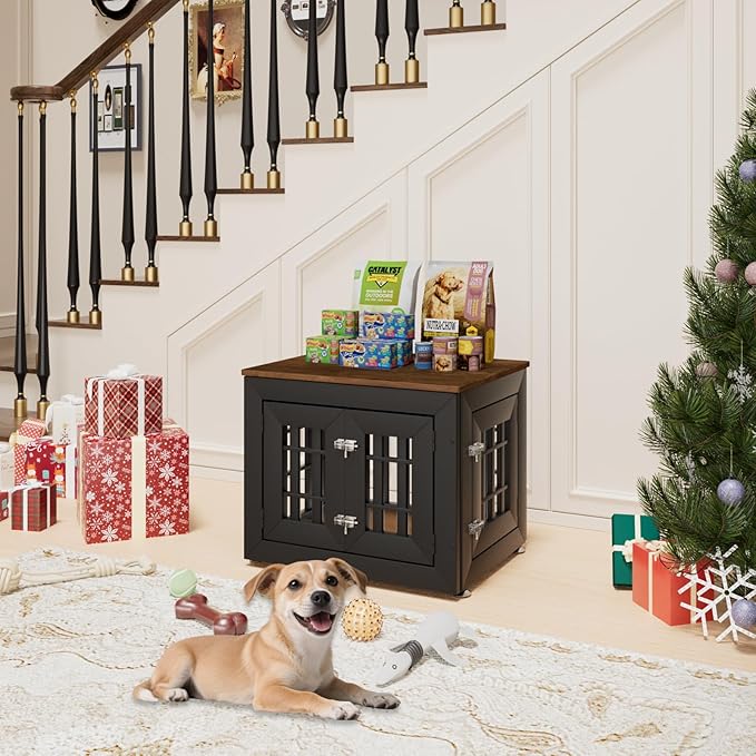 26" Heavy Duty Dog Crate Furniture for Small,Medium and Large Dogs,Rustic Wooden Dog Cage Kennel Indoor Furniture with Waterproof Top,Decorative Pet House Side End Table (Black & Wood)-PurrikoPets