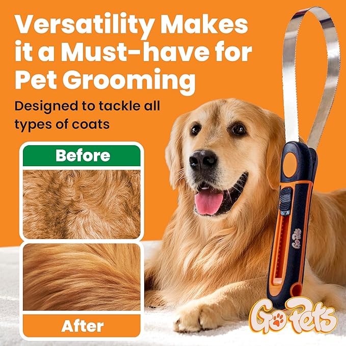 GoPets Deshedding Blade Rake, Adjustable Professional Dematting Grooming Tool, Stainless Steel Blades, Fur Removal Comb for Shedding, Comfortable Handle, Suitable for Cats & Dogs-PurrikoPets