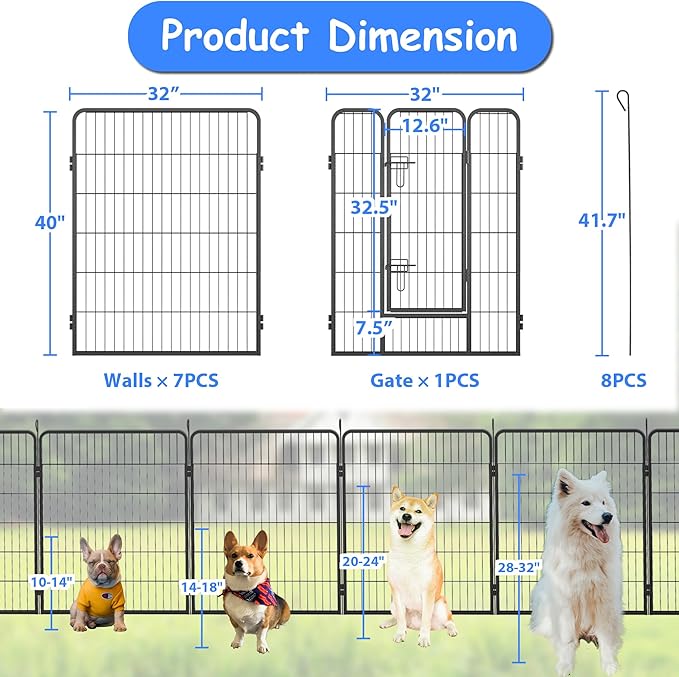 Dog Playpen, Outdoor Dog Fence, 8 Panels, 40" H Dog Pen for Medium/Small Dogs, Heavy Duty Metal Pet Fence with Gate, Portable Dog Fence for RV Camping and Yard (Black)-PurrikoPets