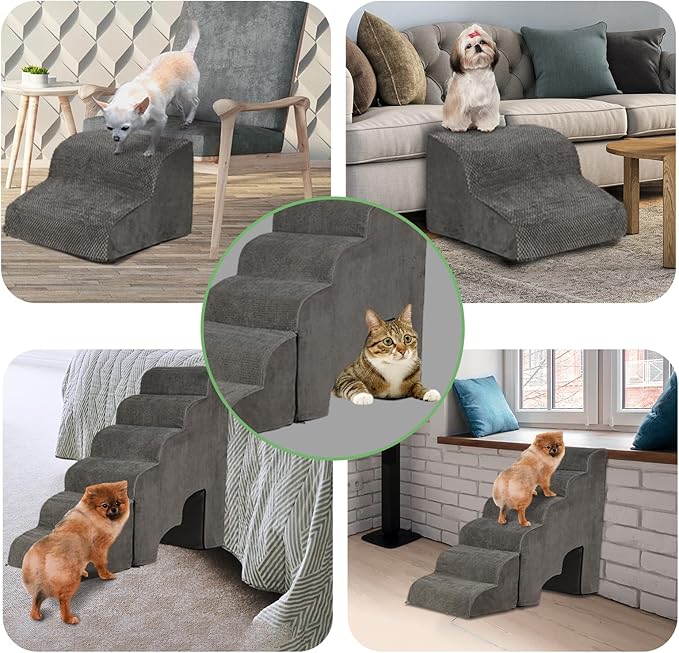 Dog Stairs for High Beds 25-30 inches Tall, 6-Step Dog Steps for High Bed for Doggies/Kitties, 30D Foam Pet Stairs Steps for Small Dogs, Dog Ramp/Ladder for Old Dogs/Cats, Grey-PurrikoPets