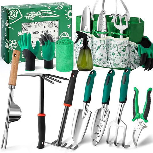 Garden Tool Set for Women, 12pcs Heavy Duty Gardening Tools, Cute Gardening Supplies Gifts for Women Mom, Garden Hand Tools with Fashion Organizer Handbag, Garden Tools for Gardening, Planting, Green-PurrikoPets