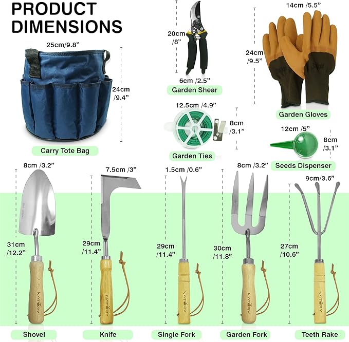 Garden Tools Set – Premium Stainless Steel Gardening Hand Tools with Solid Beechwood Handle – Gardening Kit with Rake, Shovel, Gloves, Shears, Tool Organizer – Garden Gifts for Women and Men-PurrikoPets