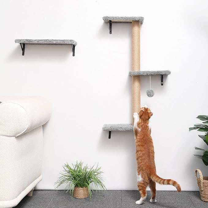 FUKUMARU Cat Wall Shelves, Stable & Safe 4 in 1 Cat Furniture Set, Wooden Climbing Wall with Scratching Post for 16 Inch Drywall - Light Gray-PurrikoPets