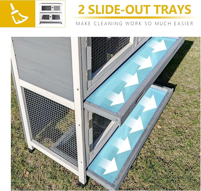 2 Story Solid Wood Rabbit/Bunny Hutch with 2 Large Main Rooms, Indoor Outdoor Rabbit House Guinea Pig Cage Pet House for Small Animals with Ventilation Door Removable Tray Waterproof Roof (Grey)-PurrikoPets