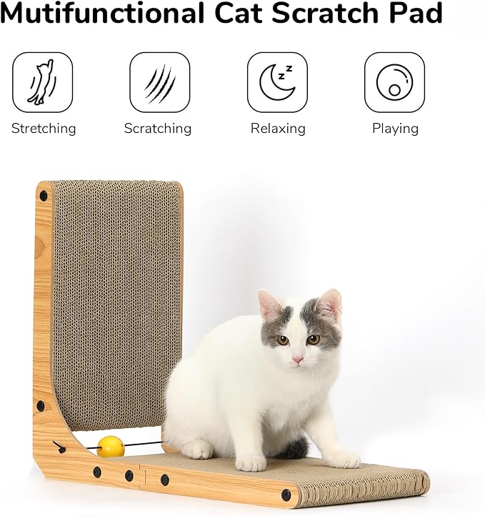 FUKUMARU Cat Scratcher, 18.9 Inch L Shape Cat Scratch Pad, Vertical Cat Scratcher Wall Mounted, Cat Scratching Cardboard with Ball Toy for Indoor Cats-PurrikoPets