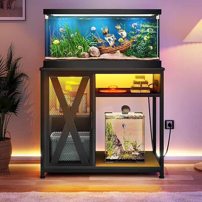 DWVO 40-50 Gallon Aquarium Stand with Power Outlets & LED Light, Cabinet for Fish Tank Accessories Storage - Metal Fish Tank Stand Suitable for Turtle Tank, Reptile Terrarium, 660LBS Capacity, Black-PurrikoPets