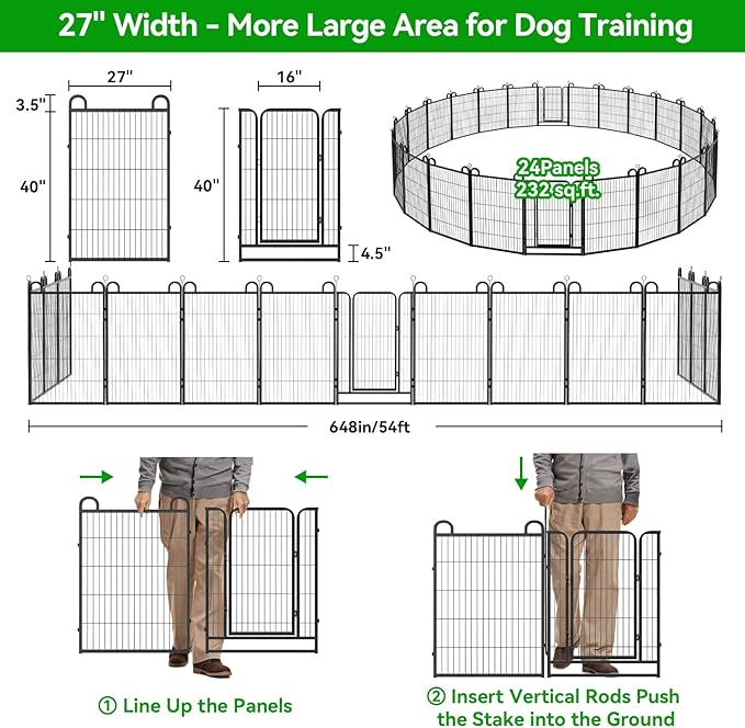 Dog Playpen Outdoor 24 Panels Heavy Duty Dog Fence 40" Height Anti-Rust with Doors Portable for RV Camping Yard, Total 54FT, 227 Sq.ft, Snowy Black-PurrikoPets
