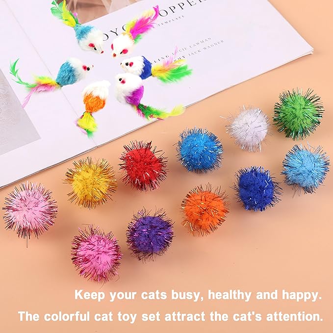 42pcs Interactive Cat Toys Kit - Multi-Activity Kitten Toy Set with Collapsible Tunnel, Feather Wand & Bell, Cat Balls Toys - Indoor Play Enrichment Supplies for Adult Cats & Kittens-PurrikoPets