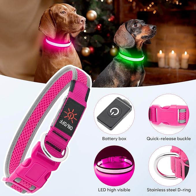 Flashseen LED Dog Collar, USB Rechargeable Light Up Dog Collar Lights, Adjustable Comfortable Soft Mesh Safety Pet Collar for Small, Medium, Large Dogs(Medium, Candy Pink)-PurrikoPets