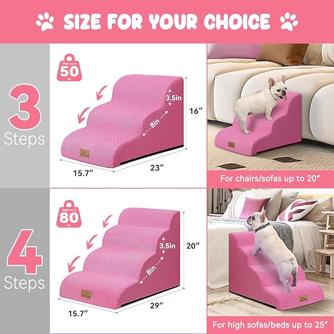 Dog Ramp and Stair for Bed 16" H-20 H,3-Step Cat Stair for Sofa and Chair,4-Step Dog Ramp for High Bed and Window,Durable Nonslip Fabric Cover for Indoor (Pink-20 H, Pet Friendly, 4)-PurrikoPets
