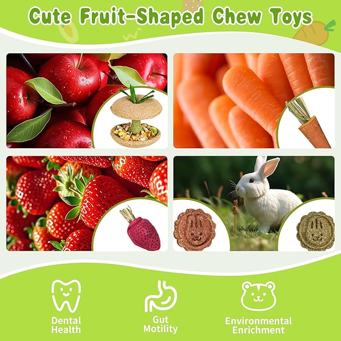 10 PCS Guinea Pig Chew Toys for Teeth, Rabbit Chew Toys Contain Natural Timothy Apple Core, Grass Cake, Carrot and Strawberry;Hamster toys for Bunny Chinchilla Gerbil Dental Care & Treat Teething-PurrikoPets