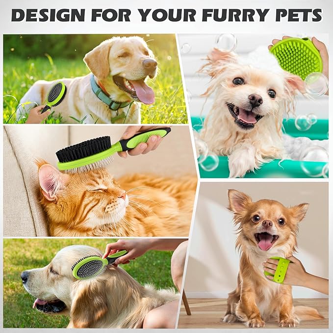2PCS Pet Grooming Tools - Double-Sided Brush for Shedding and Bathing, Suitable for Short/Long Haired Dogs Cats and Horses, Deshedding Dog Brush, Mane & Tail Combs for Horses - Pet Supplies (Green)-PurrikoPets