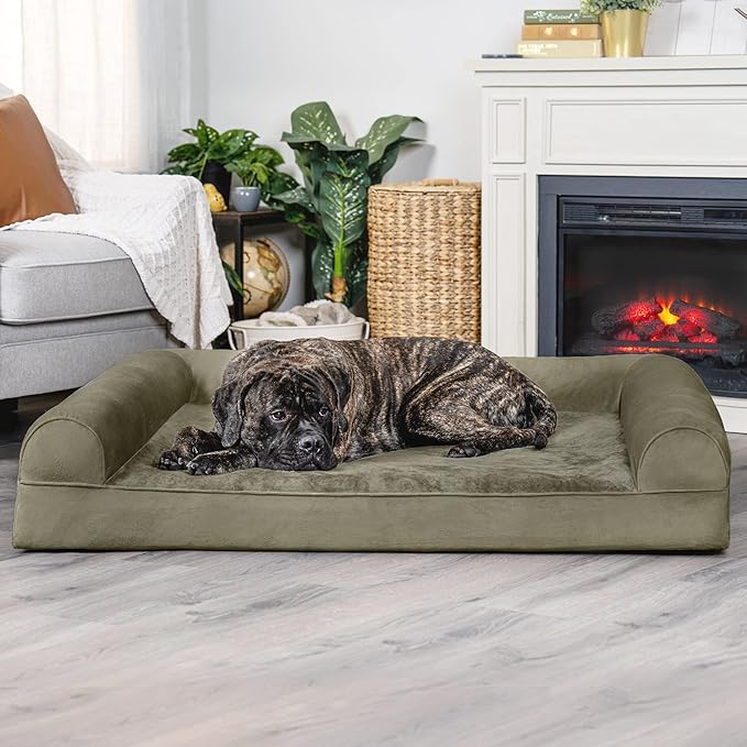 Furhaven Orthopedic Dog Bed for Large Dogs w/ Removable Bolsters & Washable Cover, For Dogs Up to 125 lbs - Faux Fur & Velvet Sofa - Dark Sage, Jumbo Plus/XXL-PurrikoPets