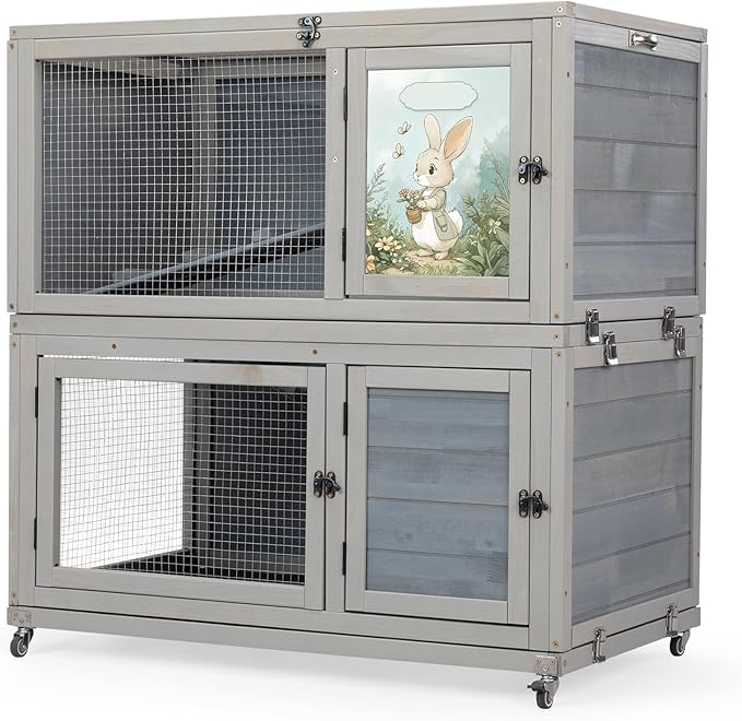 2-Story Wooden Rabbit Hutch for Outdoor & Indoor, Bunny Cage Rabbit House with Wheels, Trays, Ramp, Pet Home for Guinea Pigs, Chickens, Chicken Coop, Gray with Colorful Patterns-PurrikoPets