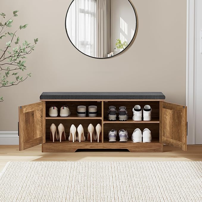 2-Tier Storage Bench, Shoe Bench with Padded Seat Cushion, Entryway Bench with 2 Barn Doors, Adjustable Shelf, 13.8" D x 39.4" W x 17.7" H, for Entryway, Living Room, Bedroom, Rustic Walnut-PurrikoPets