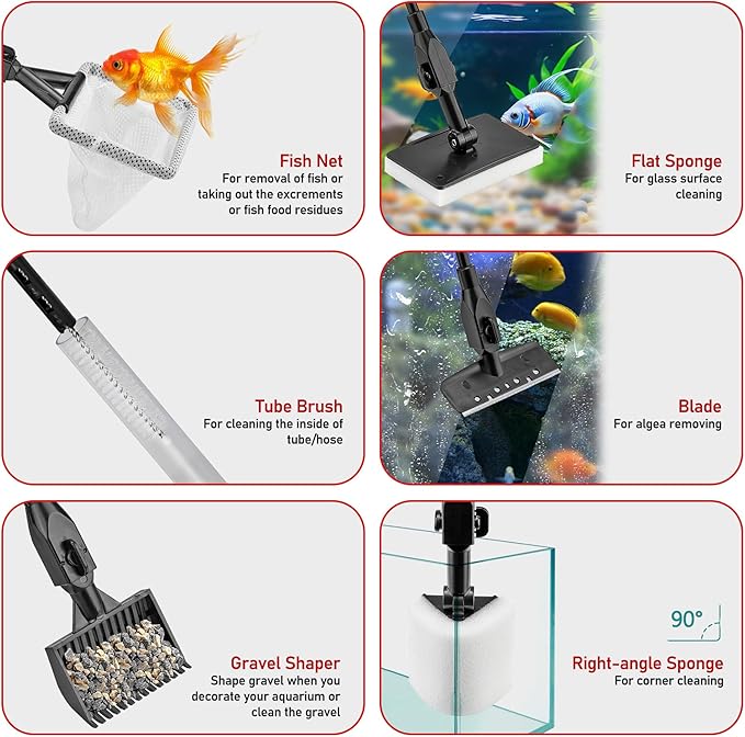 6 in 1 Aquarium Cleaning Tool Kit Fish Tank Algae Scraper, Sponge Pad, Fish Net, Gravel Rake and Cleaning Brush with Telescopic Long Handle-PurrikoPets